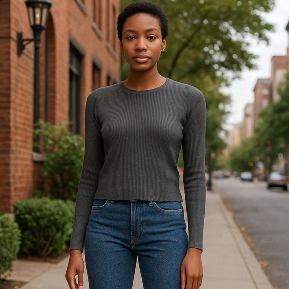 New Splendid L Womens Ribbed Top Classic Long Sleeve Crew Neck Lightweight Green